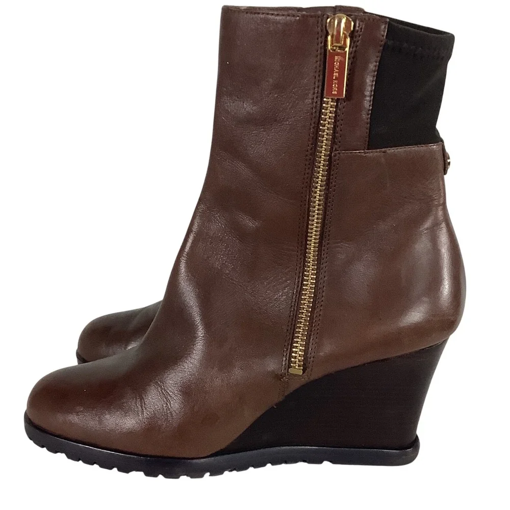 Michael Kors‎ Brown Leather Wedge Ankle Boots Gold Zip Lug Sole Womens 7.5M